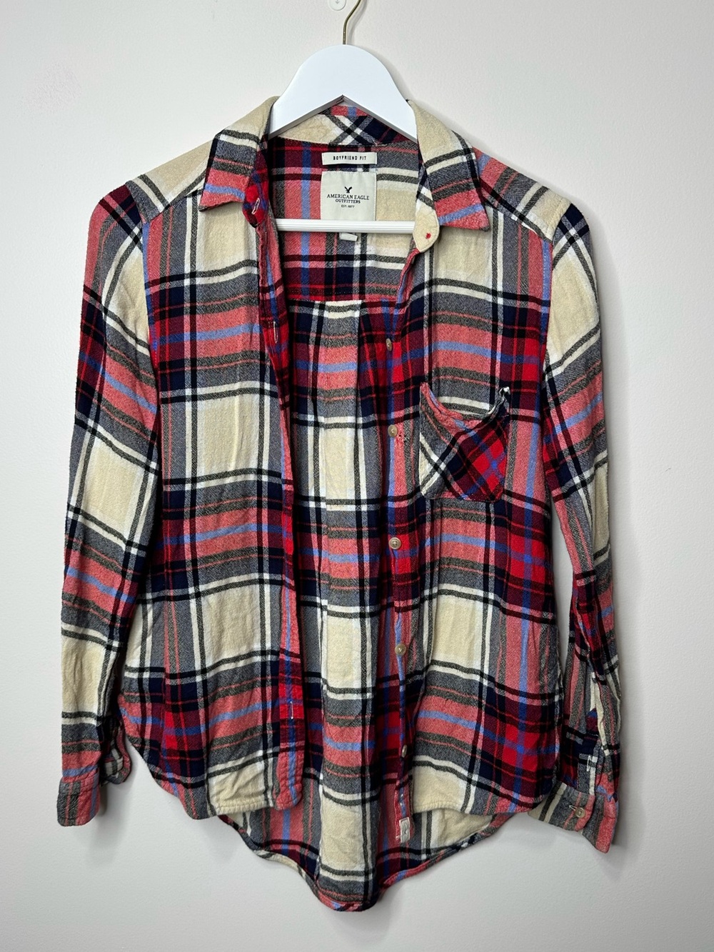 American Eagle Outfitters Plaid Boyfriend Fit Shirt Jacket - Red, Navy & Cream - Picture 3 of 5